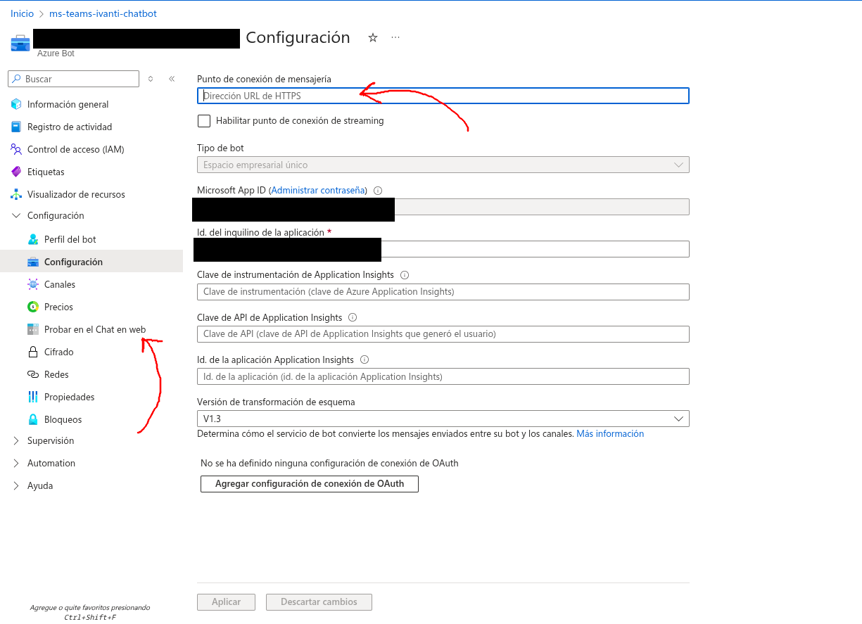 Azure Bot Services configuration panel